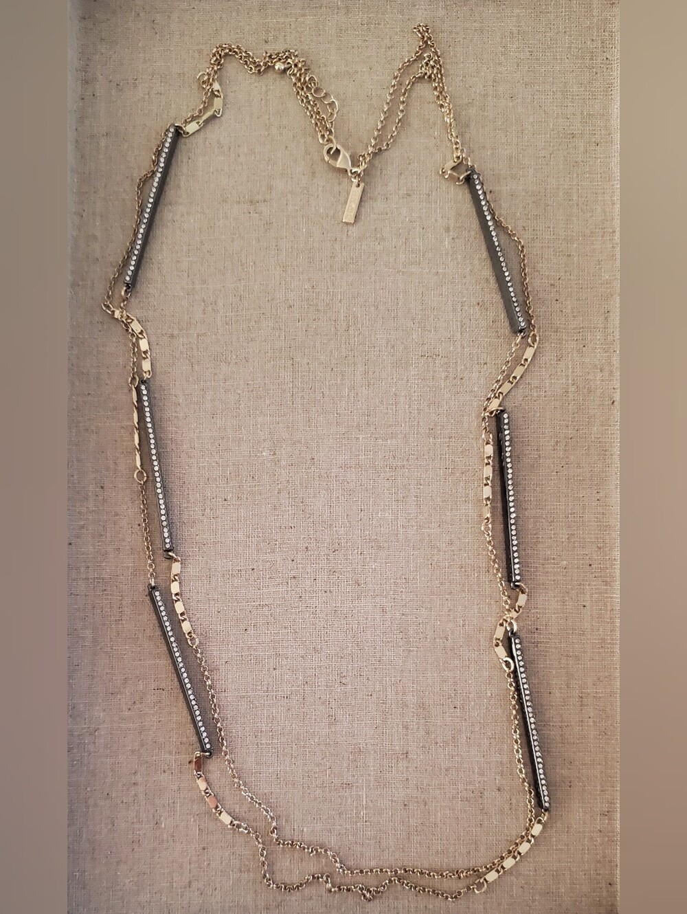 WHBM Gold & Dark Hematite Pavé Bar Layered Long Station Necklace Womens NWOT